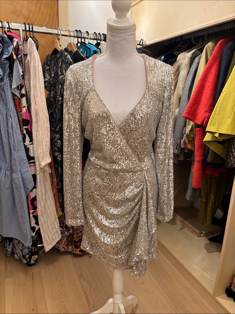 Badgley Mischka Silver Sequin Wrap Long Sleeve Dress